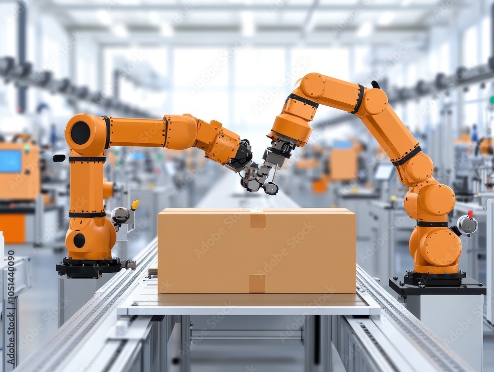 Industrial robots handling cardboard box Industrial robots handling cardboard box