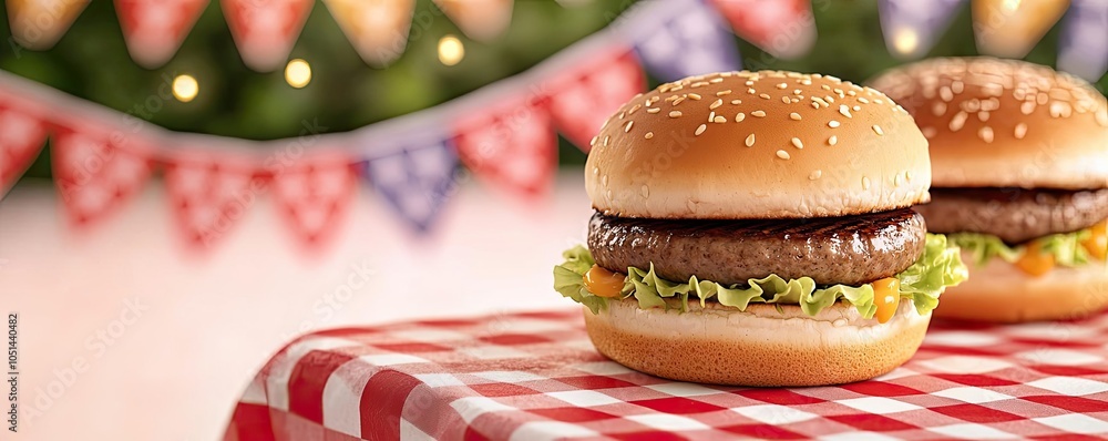 Delicious burger with lettuce and cheese on a checkered tablecloth, festive background. Delicious burger with lettuce and cheese on a checkered tablecloth, festive background.