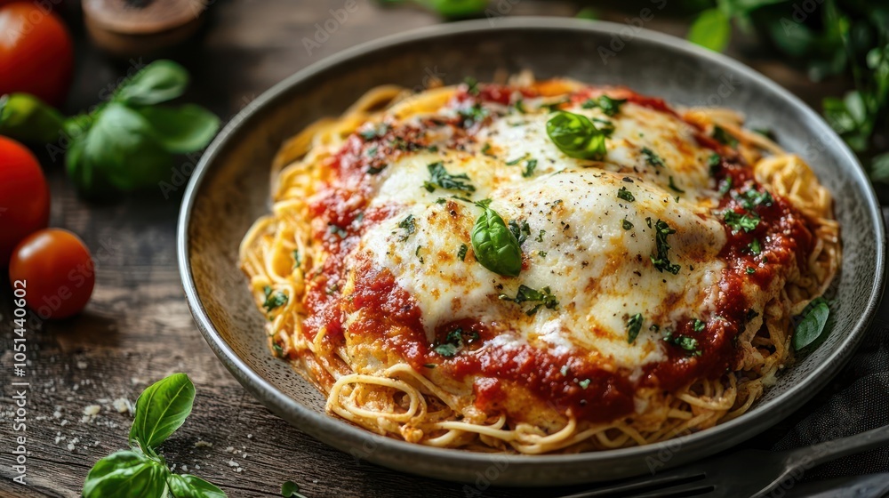 Gourmet pasta dish served with homemade spicy tomato sauce and melted cheese, Gourmet pasta dish served with homemade spicy tomato sauce and melted cheese,