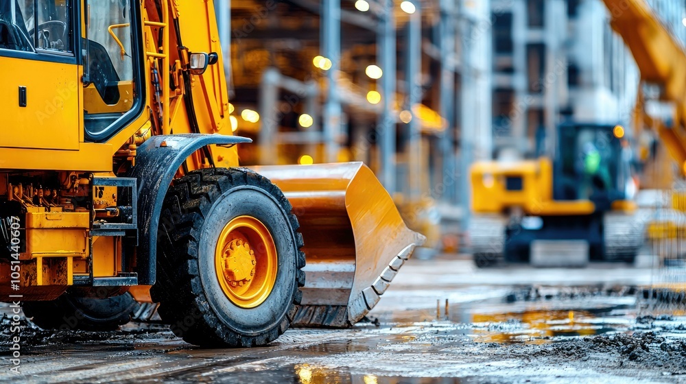 A muddy backhoe tire showcases strength and resilience amidst a rainy urban construction site, with various construction vehicles in the background symbolizing progress in the industry. A muddy backhoe tire showcases strength and resilience amidst a rainy urban construction site, with various construction vehicles in the background symbolizing progress in the industry.