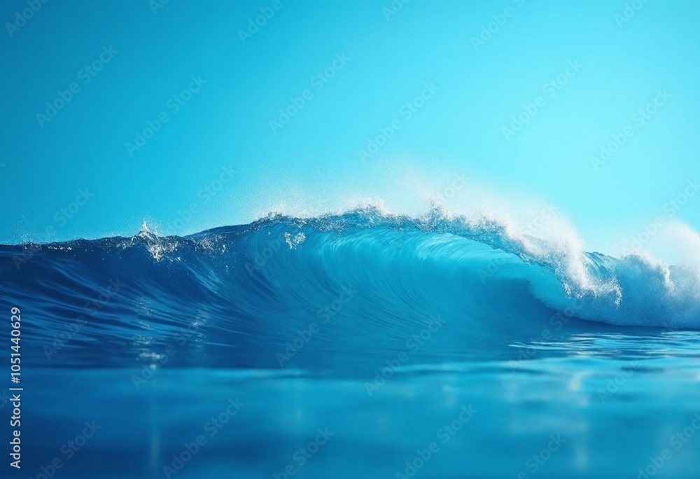 Fototapeta premium A dynamic wave captured in detail, showcasing water texture against a blue gradient background, concept of nature's motion