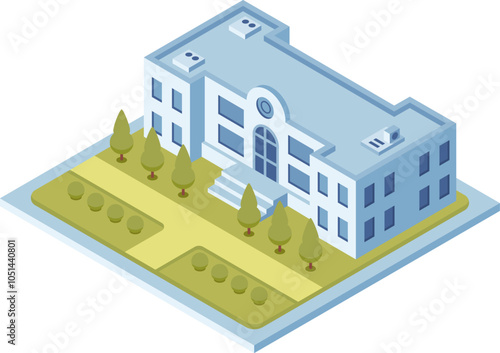 Isometric vector illustration of a modern public building with surrounding garden, representing urban architecture and city planning