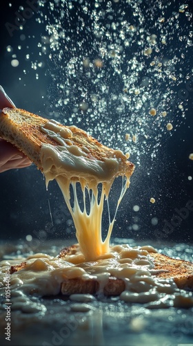 A hand pulls apart two slices of toasted bread filled with delicious melted cheese, creating an enticing, stretchy effect that highlights its gooey texture photo