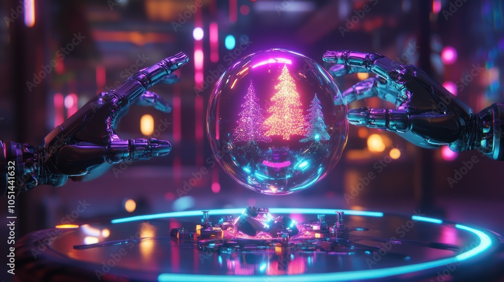 Neon-glow sphere with trees held by robotic hands Neon-glow sphere with trees held by robotic hands