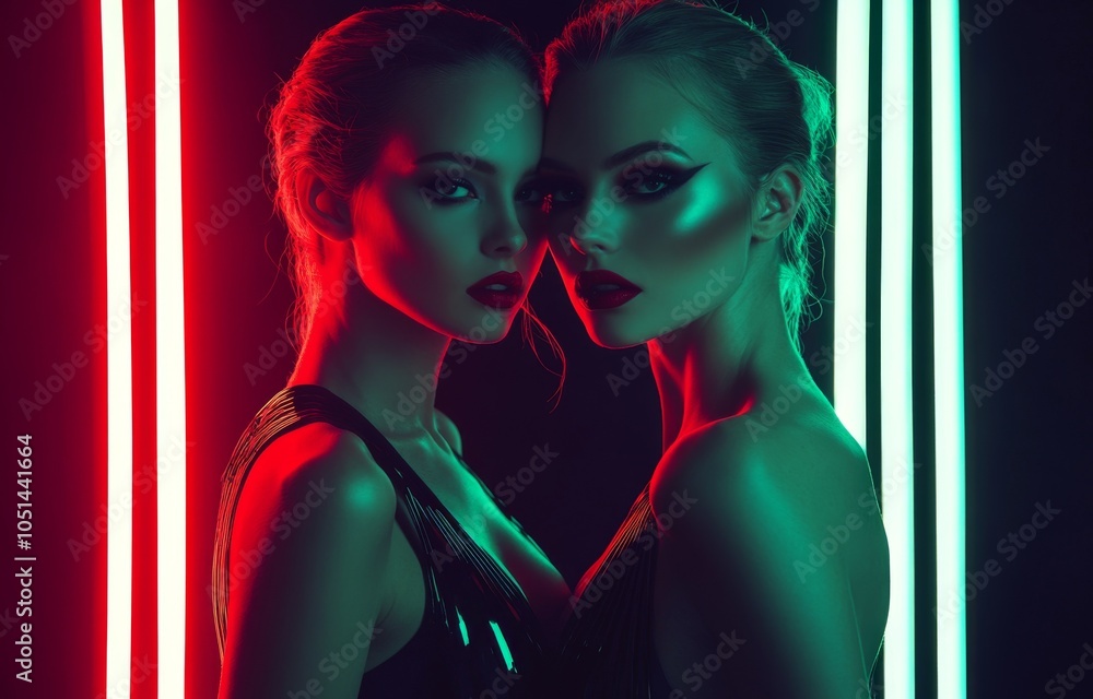 Obraz premium Latex fashion style portrait, two female models in neon lit studio. Latex bodysuit fashion. Goth, New Wave, club style fashion. Dark smokey make-up. Dramatic. Elegant. Futuristic.