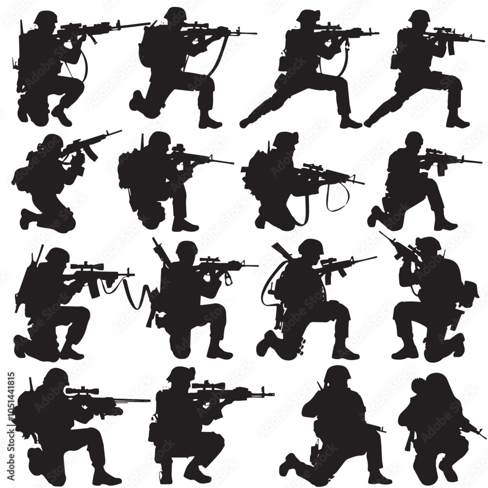 Obraz premium armed forces silhouette set. Collection of various realistic military Firearms