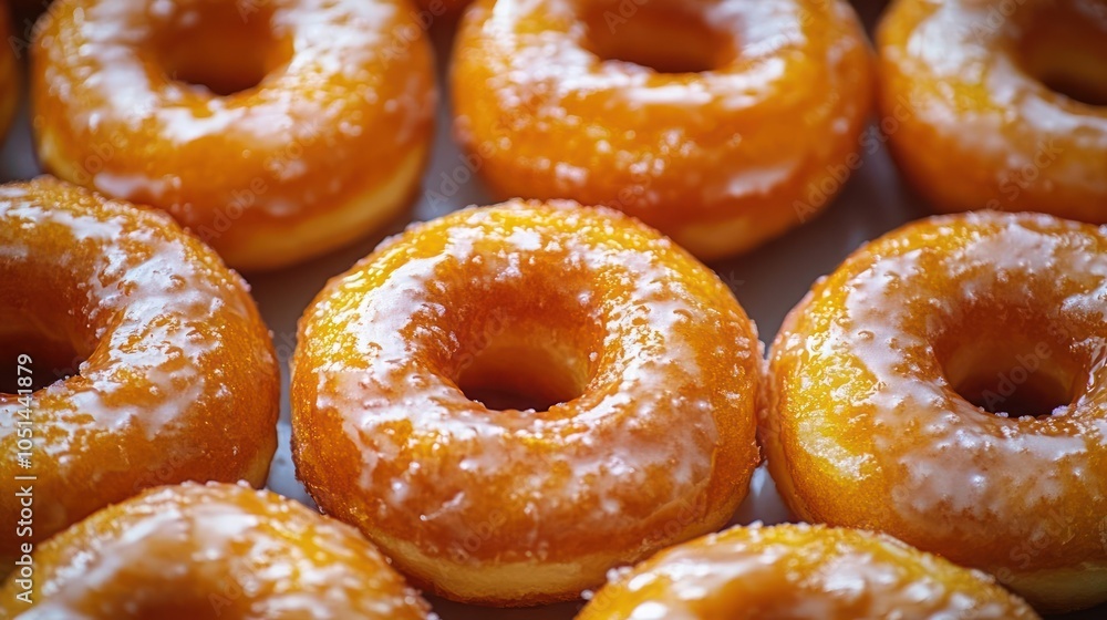 A close-up of a dozen glazed donuts on a table. A close-up of a dozen glazed donuts on a table.