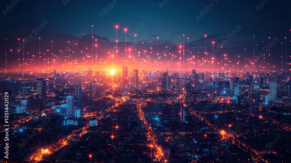 Fototapeta premium A Nighttime View of a City Skyline with Illuminated Buildings and Red Lines Connecting Them