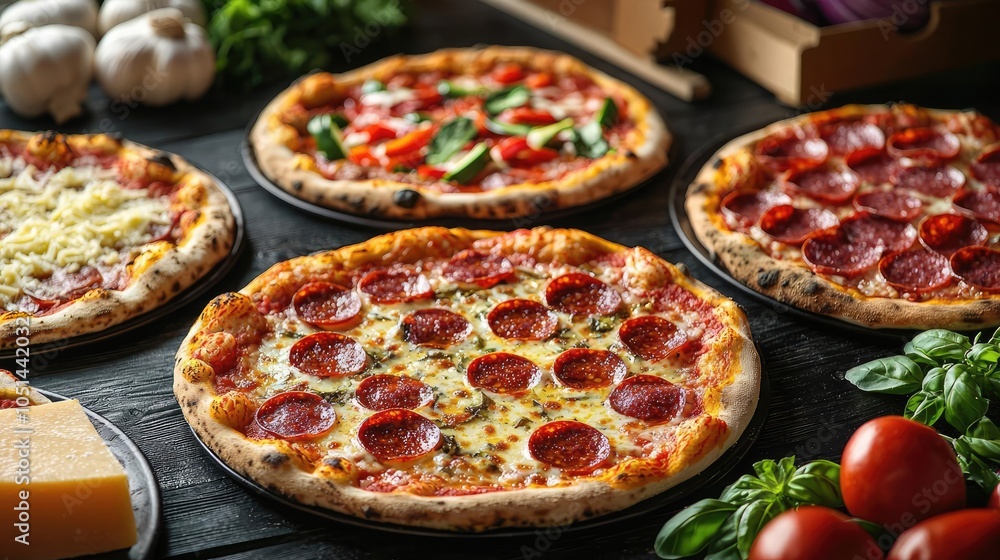 Delicious variety of pizzas served on a dark wooden table. Delicious variety of pizzas served on a dark wooden table.