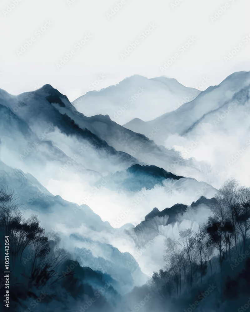 Blue Misty Mountain Landscape with Soft Light and Watercolor Effect. Tranquil Wilderness View in Layers of Fog. Beautiul Mountain Scenery Blue Misty Mountain Landscape with Soft Light and Watercolor Effect. Tranquil Wilderness View in Layers of Fog. Beautiul Mountain Scenery