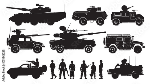 armed forces silhouette set. Collection of various realistic military vehicles