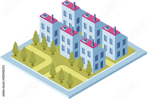 Isometric view of a group of modern residential buildings with green areas, representing urban planning and sustainable living