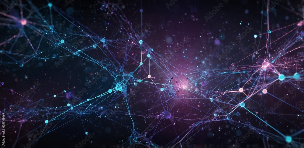 A futuristic science background featuring molecular structures, neurons, and atoms interconnected by glowing lines and circuits