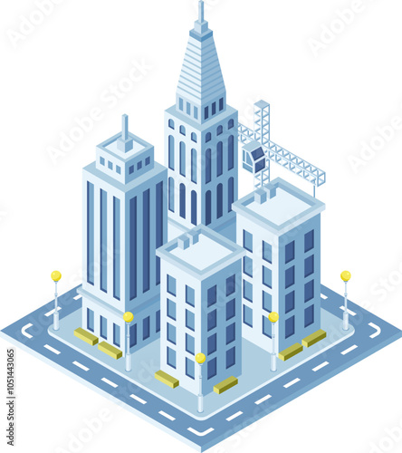 Isometric view of a developing cityscape featuring modern skyscrapers, ongoing construction, and a crane in operation, symbolizing urban growth and development