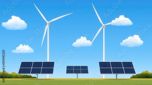 Wind turbines and solar panels, clear blue sky