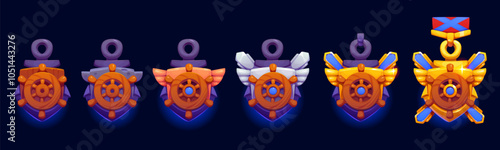 Marine game level star award with steering wheel and anchor, heraldic rank nautical medal represents progression of achievement or ranking in video gaming. Cartoon vector maritime award or rank trophy