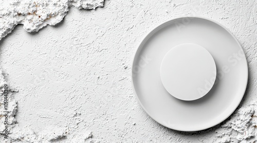 Contemporary white plate on a white surface, top-down perspective, sharp edges and subtle texture details, ultra-clean minimalism photo