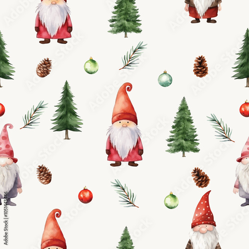 Принти на полотні Watercolor Christmas Gnome Pattern Illustration