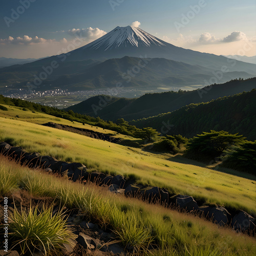 A picturesque view of Soni Kougen Plateau in Japan showcases rolling green hills, dotted with vibrant wildflowers.