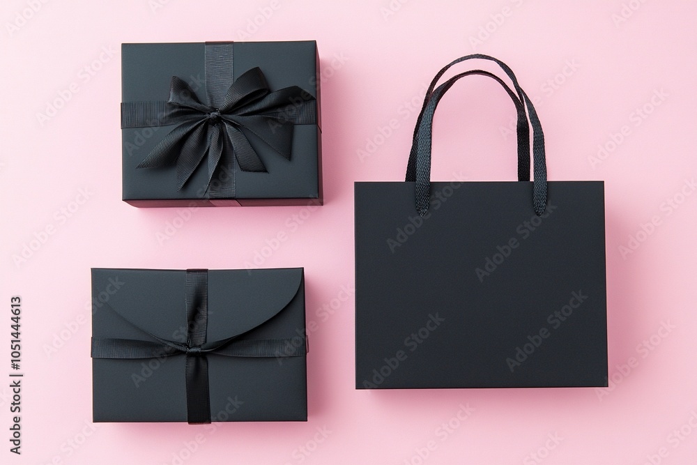 soft pink background with black elegent giftbox and shopping bags , make space for text top view , top view image , generative ai soft pink background with black elegent giftbox and shopping bags , make space for text top view , top view image , generative ai