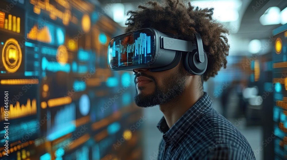 A Man Wearing VR Headset in Front of Data Wall