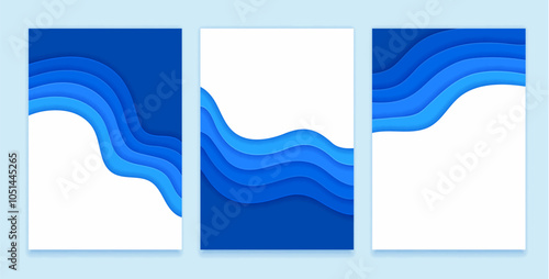 Blue paper cut water wave banners with sea and ocean ripple surface, vector backgrounds. 3D layer paper cut banners with cutout waves in blue gradient for ocean marine or sea underwater backgrounds