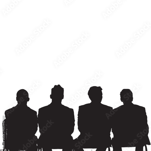 back view of a silhouette of a group men sitting on chair on white background