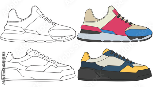 Bundling set vector sneakers shoes for training, sneakers shoe vector illustration. Sneakers color full.