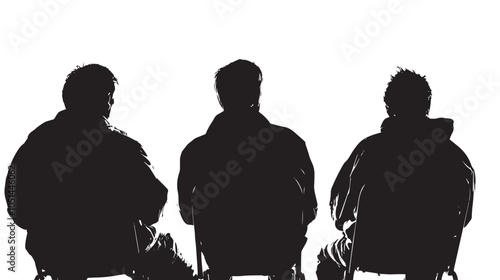 back view of a silhouette of a group men sitting on chair on white background