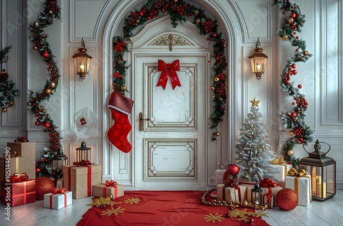 Wallpaper Mural Lavishly Decorated Christmas Backdrop with a White Door Red Carpet and Presents Torontodigital.ca