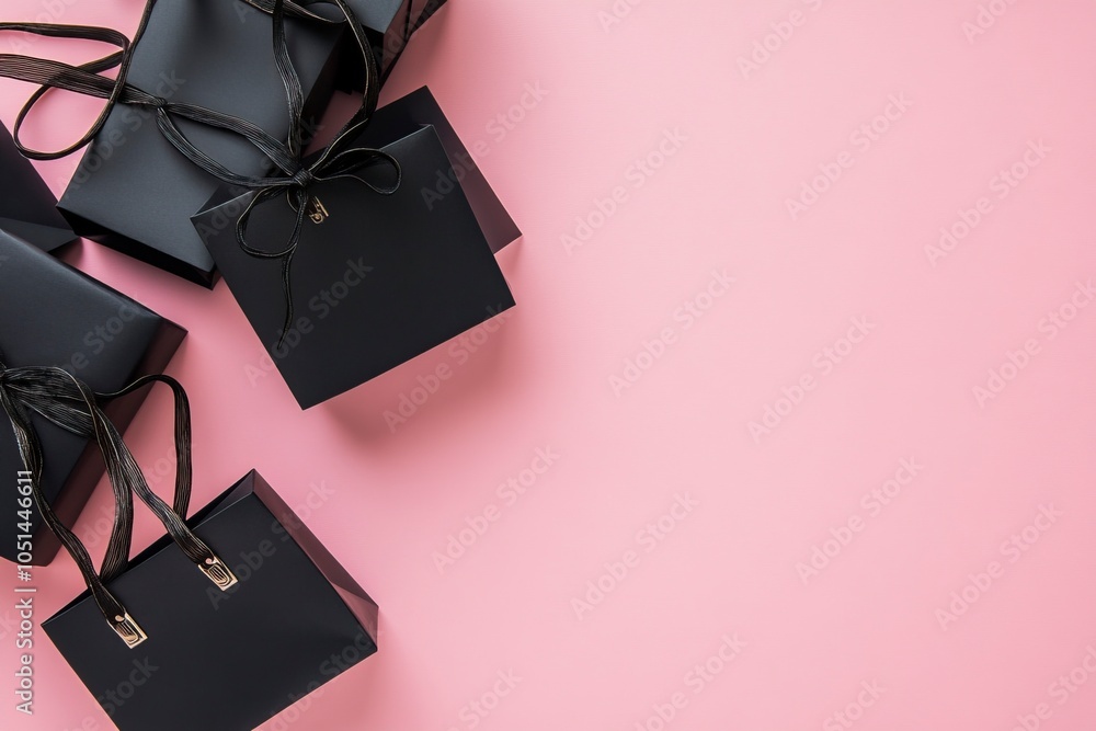 soft pink background with black elegent giftbox and shopping bags , make space for text top view , top view image , generative ai soft pink background with black elegent giftbox and shopping bags , make space for text top view , top view image , generative ai