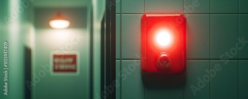 Red alarm light in a hallway, signaling urgency in a modern environment.