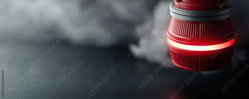 Red industrial light glowing with smoke on a dark reflective surface. Red industrial light glowing with smoke on a dark reflective surface.