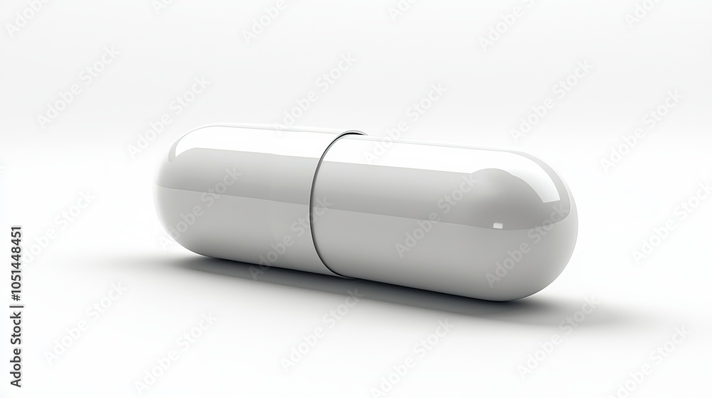 Large white capsule with soft shadows, isolated on white, high-resolution, medical product advertisement Large white capsule with soft shadows, isolated on white, high-resolution, medical product advertisement