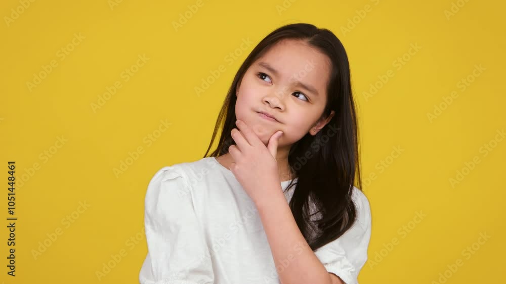 Asian girl stands with a thoughtful expression, her chin resting on her hand, in front of a vivid yellow wall. Asian girl stands with a thoughtful expression, her chin resting on her hand, in front of a vivid yellow wall.