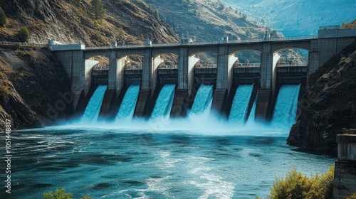 A digital water management hub controlling a dam and reservoir system, using real-time data to balance water supply and flood control efforts photo