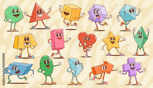 Cartoon groovy math geometric figure characters. Funny cube, pyramid, sphere and cuboid shapes vector personages, psychedelic hippie heart, star, arrow, cross and ellipse geometric shapes, funky math