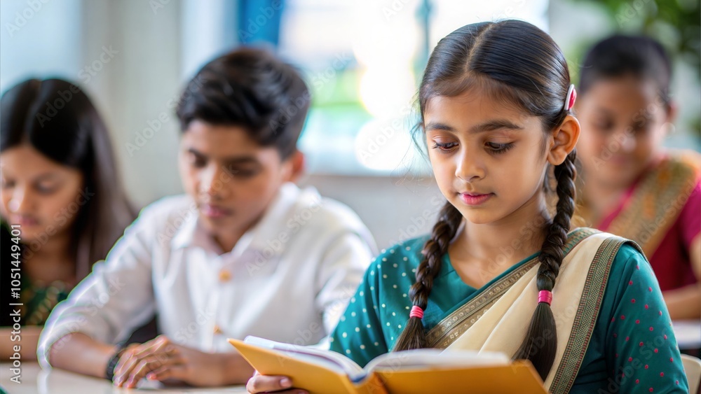 An Indian student practicing a new language with a blurred educational setting behind.
An Indian student practicing a new language with a blurred educational setting behind.