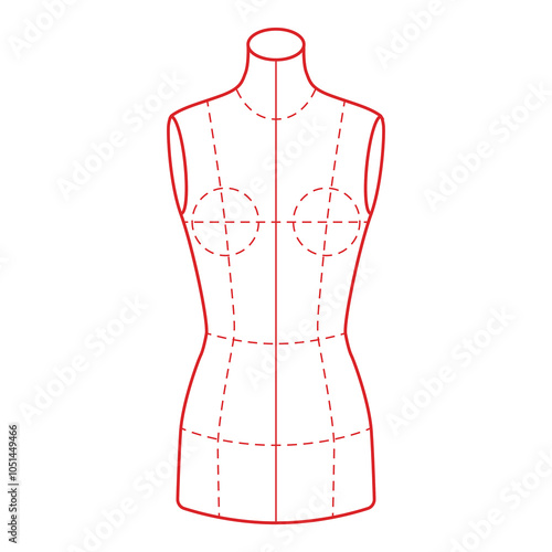 Minimalistic front view of a dress form mannequin with red dashed guidelines, simple outline

