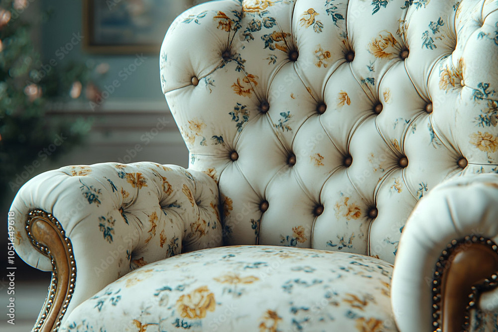 Obraz premium A classic upholstered armchair adorned with a floral pattern and button-tufted design, adding elegance to any room.