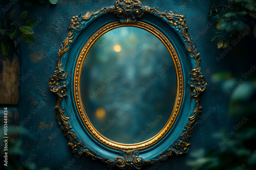Obraz premium A vintage mirror with an ornate golden frame reflects a blurred, mysterious backdrop filled with soft green and blue hues.