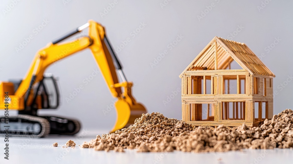Obraz premium Residential construction site with wooden house frame and excavator equipment