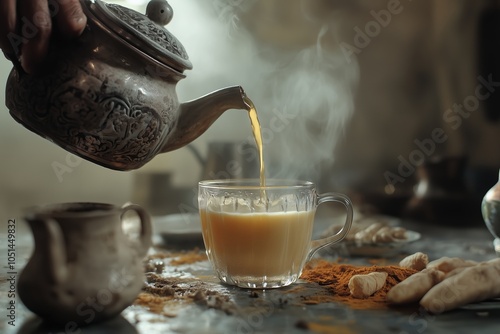 Hand pouring masala tea from a teapot into a glass.  photo