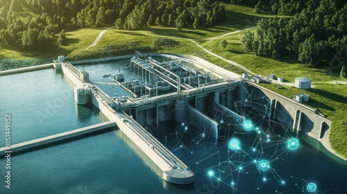 A digital water management hub controlling a dam and reservoir system, using real-time data to balance water supply and flood control efforts photo