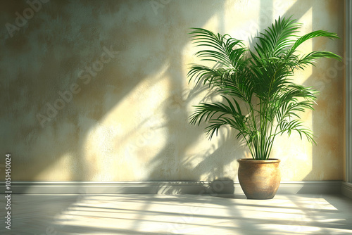 A vibrant green plant in a pot cast shadows on a softly lit wall, creating a serene and peaceful indoor atmosphere.