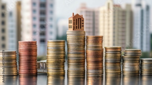 Stacks coins buildings symbolize diverse investment opportunities real estate finance