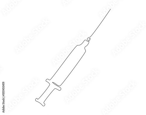 Continuous one line drawing of syringe for inject. One line drawing illustration of medical syringe. Medical health, vaccine vial, anti virus concept single line. Editable outline