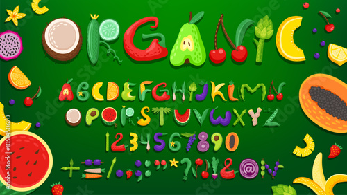Fruit and vegetable font, healthy type, farm crop alphabet, summer food typeface. English abc letters and numbers vector typography with cartoon fresh fruits and vegetables uppercase characters font