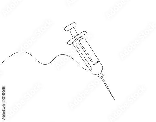 Continuous one line drawing of syringe for inject. One line drawing illustration of medical syringe. Medical health, vaccine vial, anti virus concept single line. Editable outline