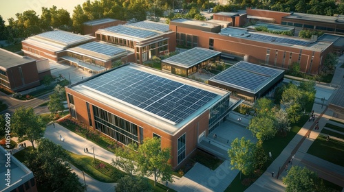 A university campus powered by a microgrid system, integrating solar panels, battery storage, and energy management software for optimized energy distribution